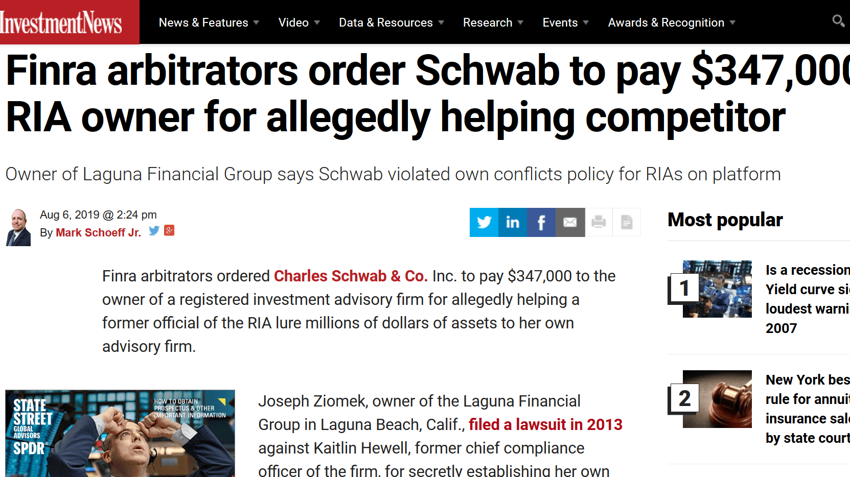 Finra arbitrators order Schwab to pay 347000 to RIA owner for allegedly helping competitor