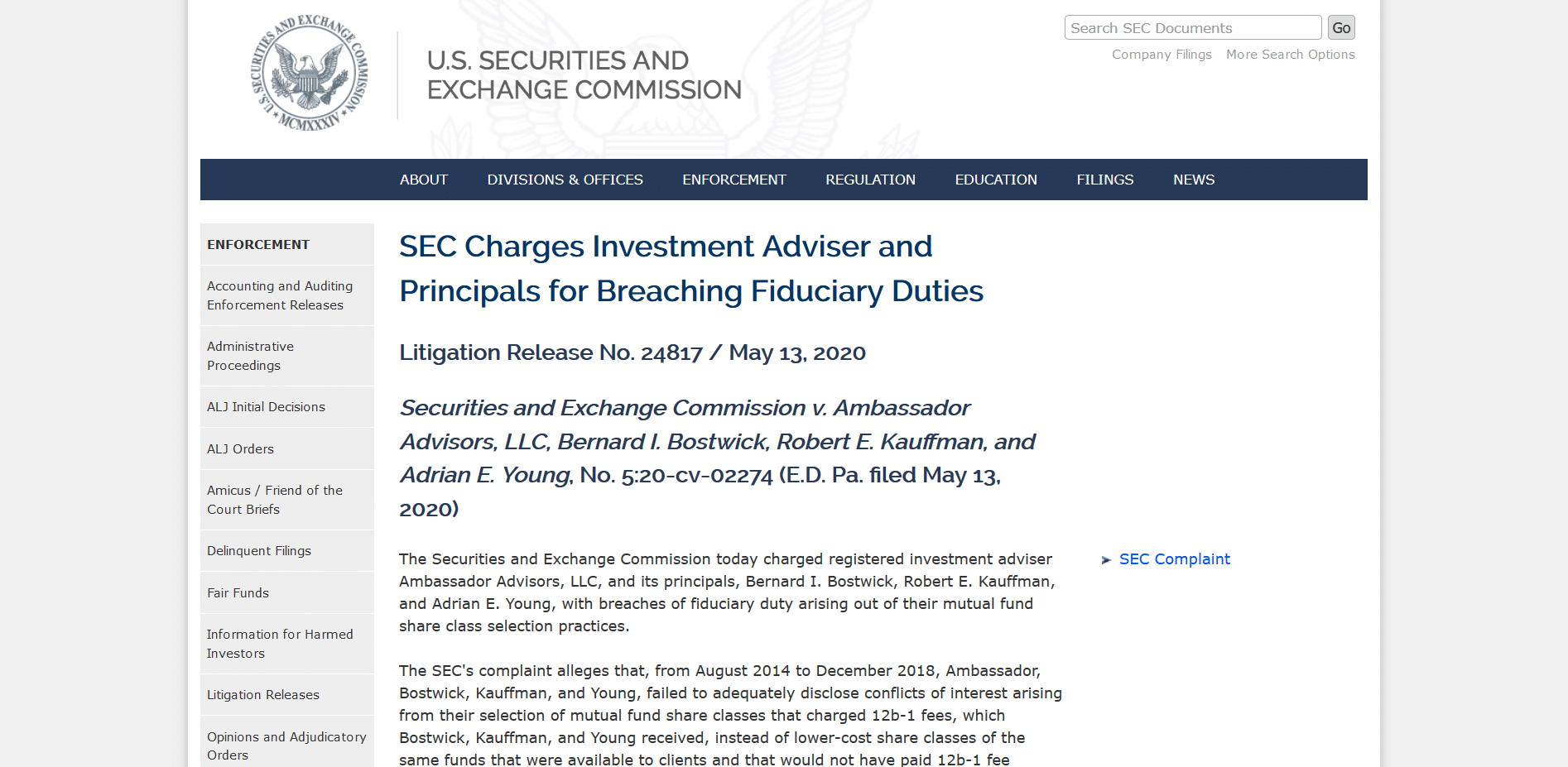 SEC Charges Investment Adviser and Principals for Breaching Fiduciary Duties
