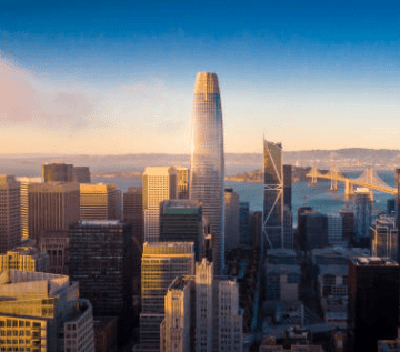 The skyline of san francisco at sunset.
