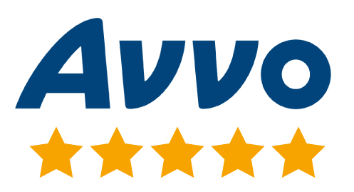 Avvo logo with five yellow stars beneath it, symbolizing a high rating.