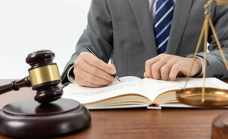 A person in a suit writes in a book at a desk with a gavel and scales of justice, symbolizing law and justice.