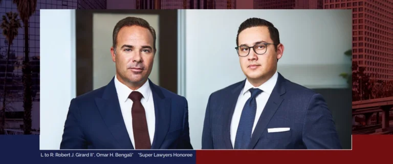 Two men in suits stand side by side against a backdrop of modern office decor. Text on the image reveals they are Robert J. Girardi and Omar H. Bengali, proudly recognized as 2024 Super Lawyers honorees.