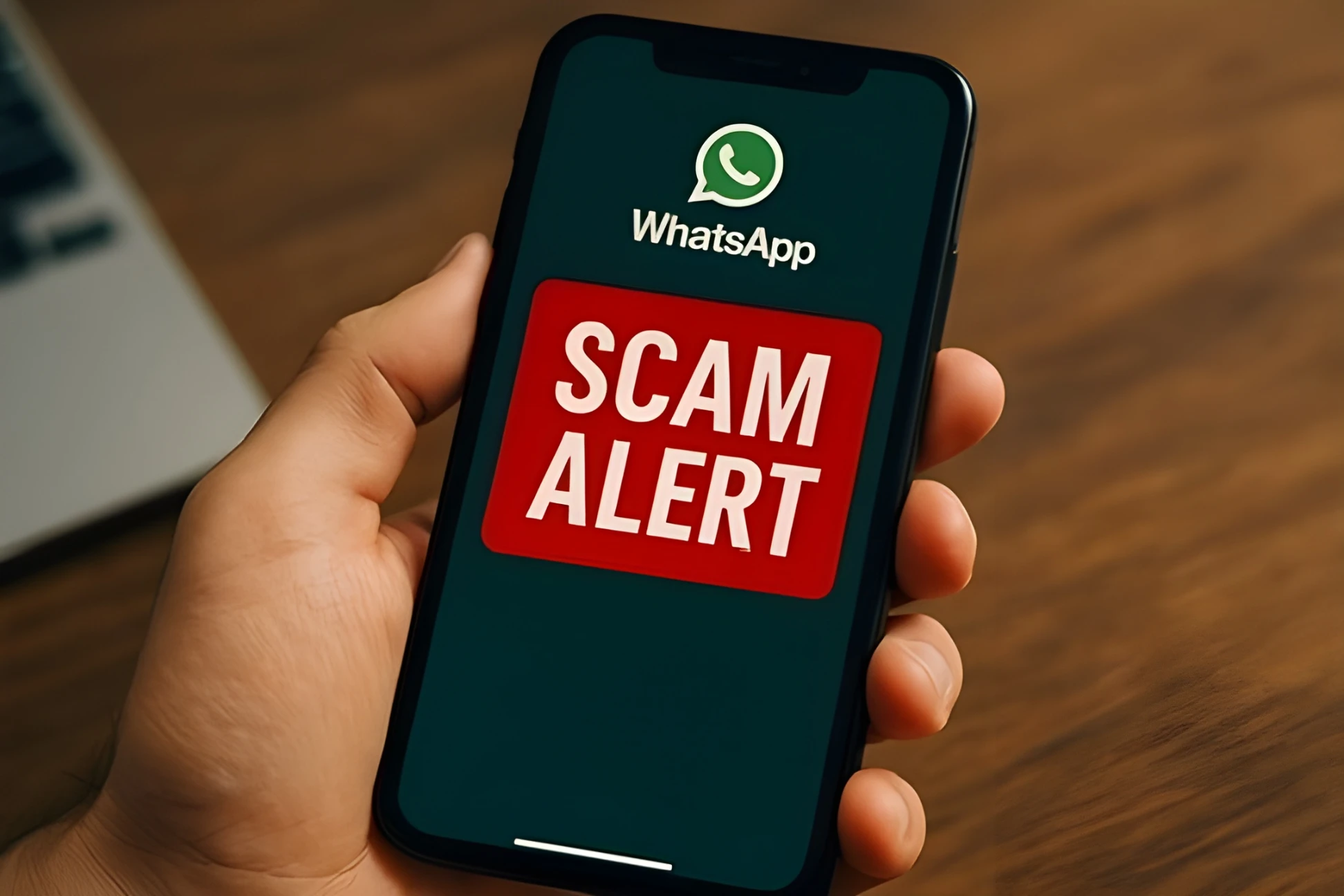 A hand holding a smartphone displaying the WhatsApp logo and a red "SCAM ALERT" warning on the screen.